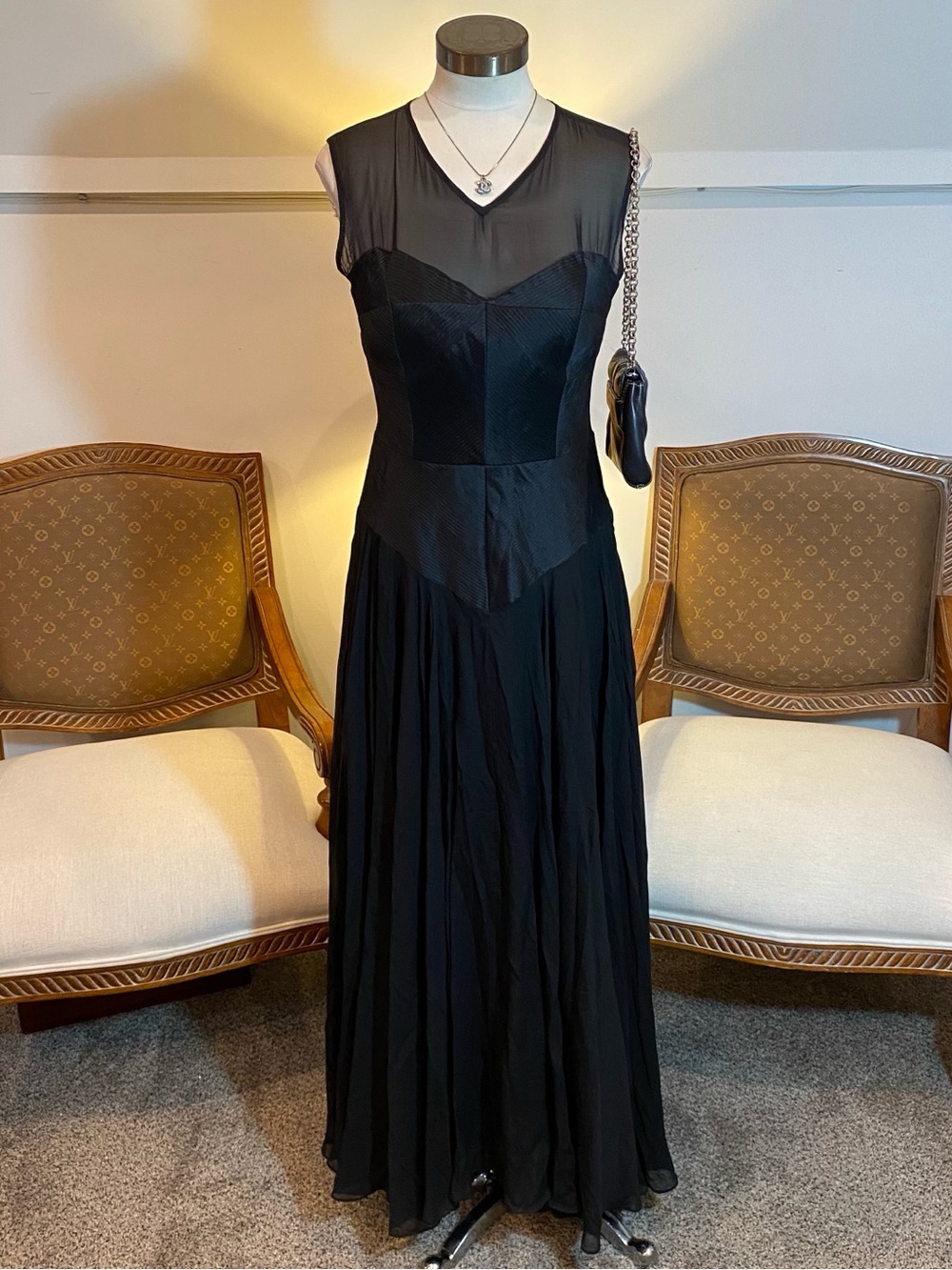 Milly Black Andie Silk-Trimmed Chiffon & Mesh Evening Gown Maxi Dress Size 8 M